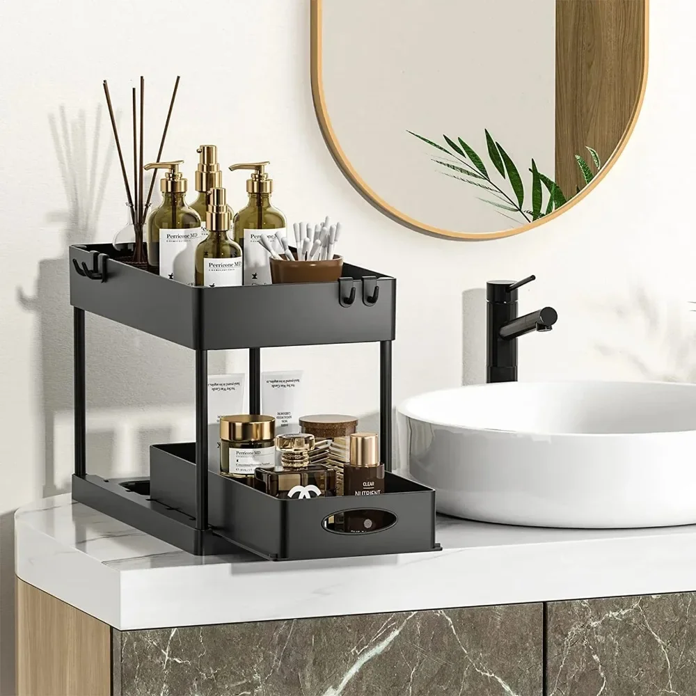 2 Tier Under Sink Organizer Sliding Cabinet Basket Organizer Storage Rack with Hooks Hanging Cup Bathroom Kitchen Organizer 4