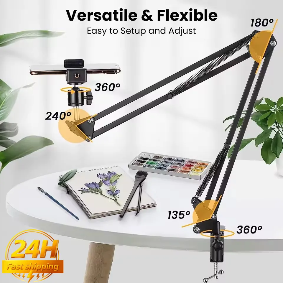 Treppiede con braccio flessibile per supporto telefono da tavolo, pieghevole, con ancoraggio a 360° ° Supporto Girevole per Fotografia e Video da Tavolo per Laptop e Desktop
