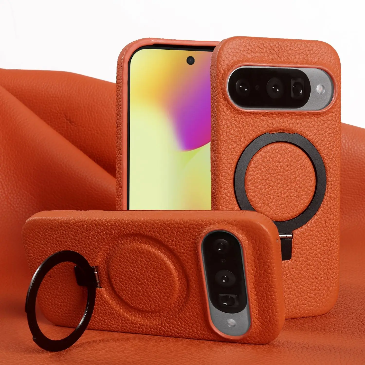 Genuine Leather Magnetic Ring Stand Phone Case with Stand & Magnetic Back Cover