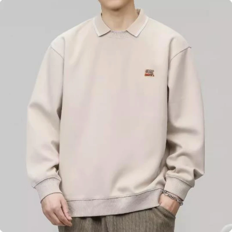 

Pullover Lapel Sweater Men's Beige Apricot Hooded American Retro Loose Casual New Drop-Shoulder Sleeve Trendy Basic Style Spring