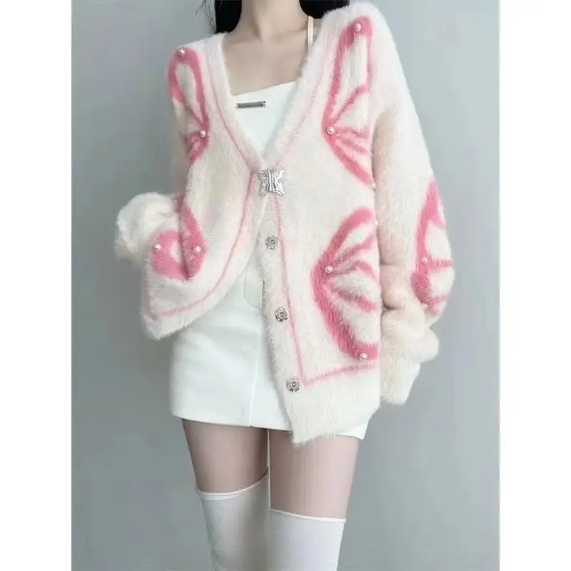 

Spring Autumn Pink Knitted Cardigan Women Casual Long Sleeve Vintage Sweater Coat Office Lady Korean Style Fashion Clothing Chic