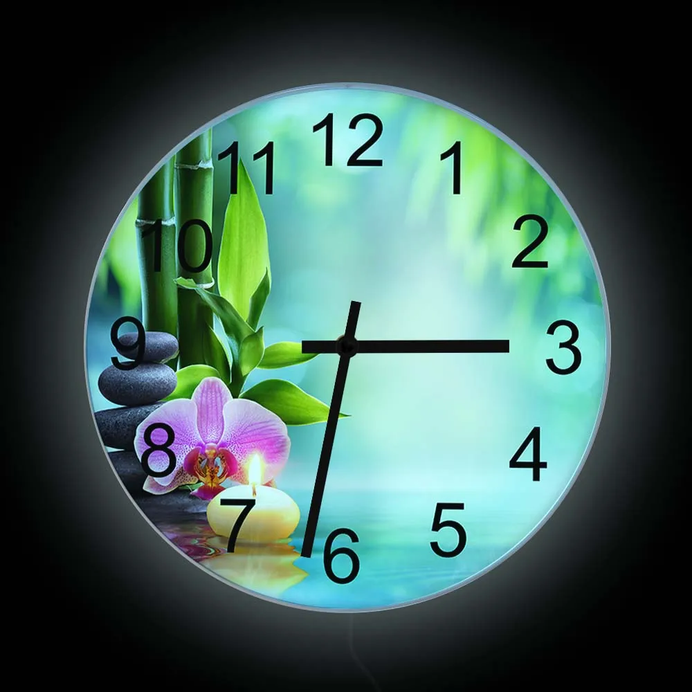 

Candles Lotus Still Life With Aromatic Print Wall Clock Zen Life Home Decor For Living Room Spa Modern Design LED Lighted Clock