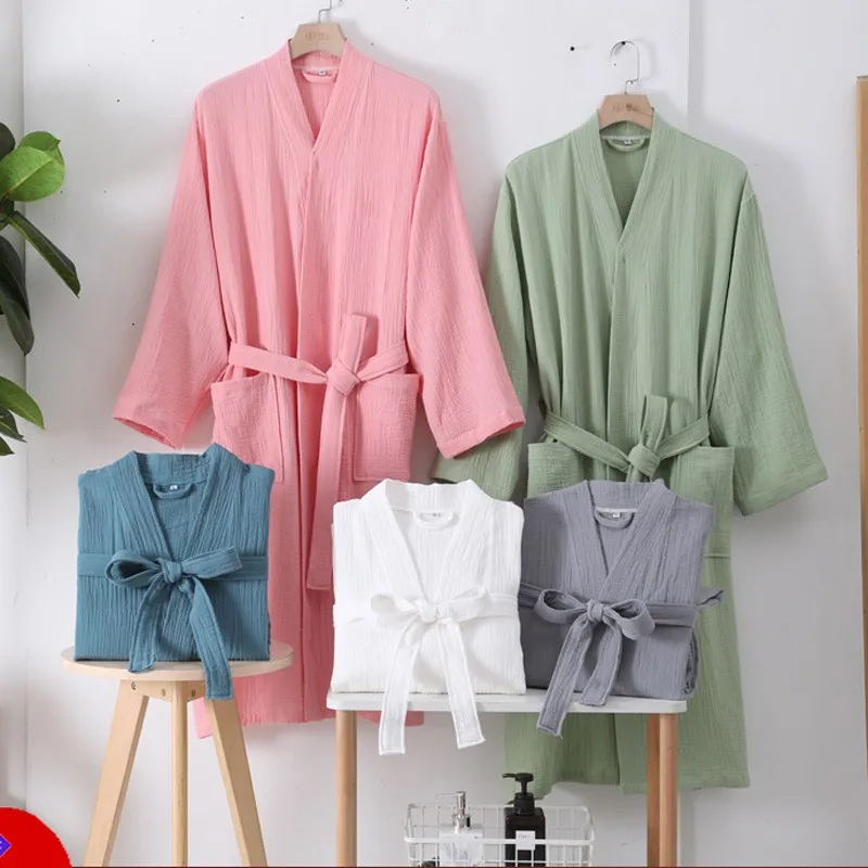 

100% Cotton Double Layer Gauze Robes Comfortable Women&men New Long Sleeves Bathrobe Nightgown Home Service Solid Hotel Bathrobe