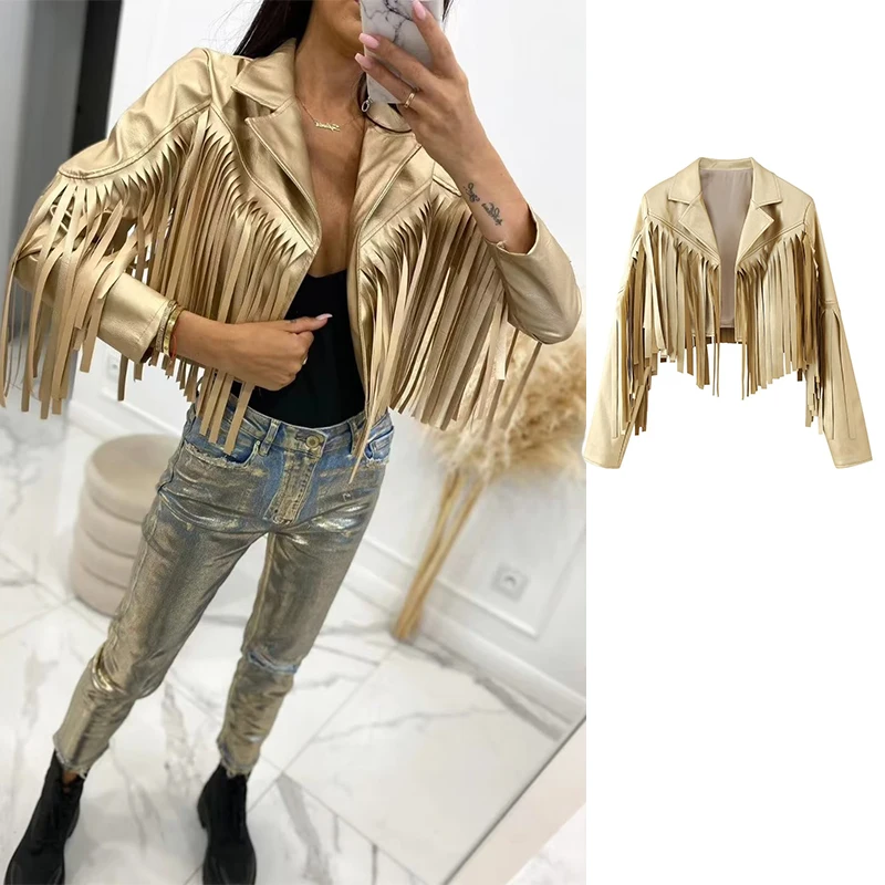 

TRAF Tassel Cropped Jacket Woman Fashion Leather Coar For Women Cardigan Womens Jackets Long Sleeve Autumn New In Outerwear