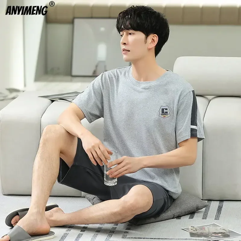 Pajama Sets Big Size L-5XL Elegant Mens Sleepwear Summer Cotton Short Sleeves Pajamas Set Casual Loungewear for Man Pullover Leisure Pijamas