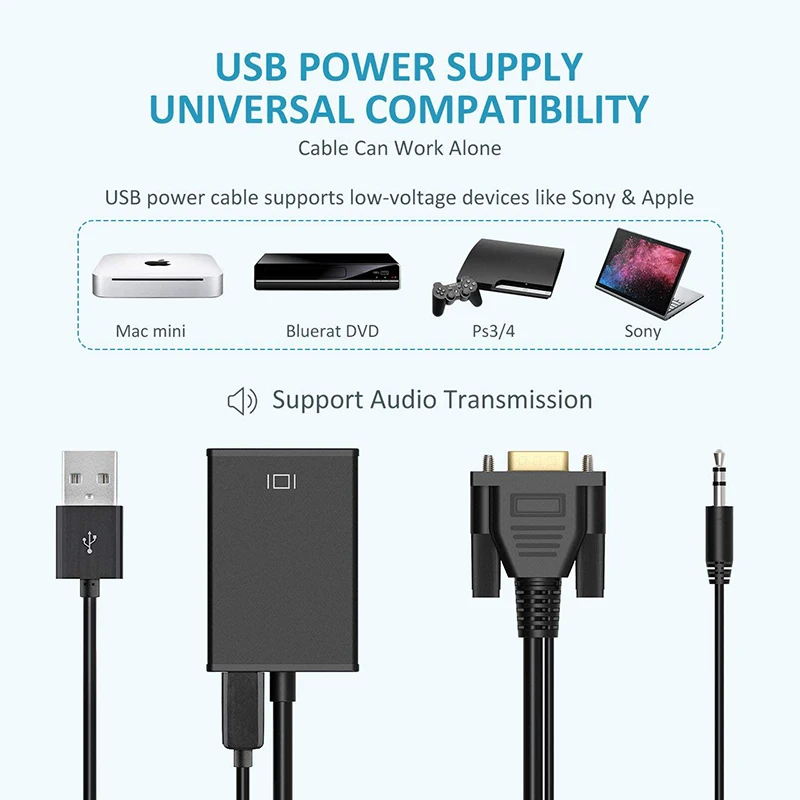 VGA TO HD Converter VGA Input HDMI-compatible Output Audio Video Cable Adapter For Computer Laptop TV Projector