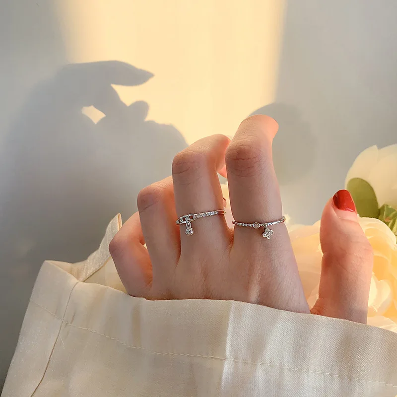 Chain Rose Flowers Pendant Rings for Women Personality Zircon Opening Ring Anniversary Romance Jewelry