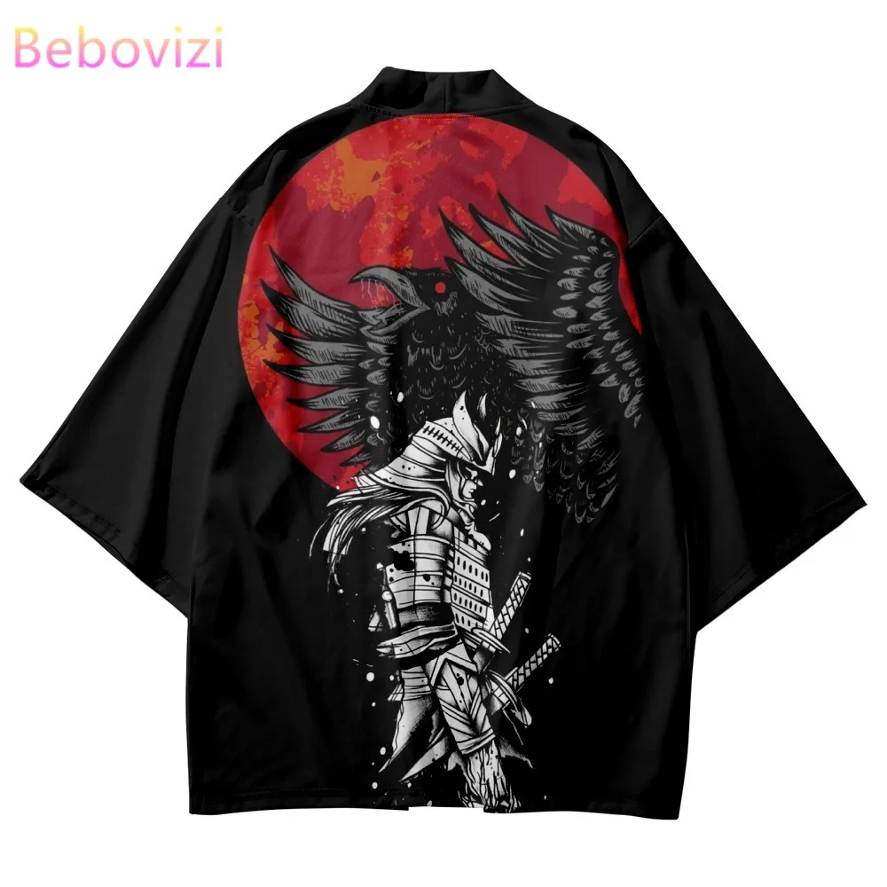Traditional Kimono Men Streetwear Samurai Asian Clothing Japanese Wing Print Yukata Cardigan Oversized Black Cosplay Haori