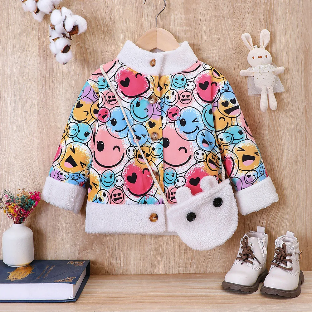 

2023 New Arrivals Spring Autumn Children Long Sleeve O Neck Fleece Print Smile White Child Girls Clothes Sweater Overcoat 5-8T