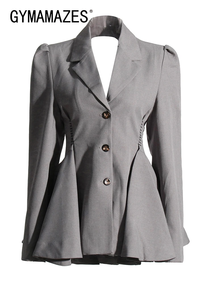

GYMAMAZES Casual Solid Hollow Out Blazers For Women Tailored Collar Long Sleeve Tunic Patchwork Folds Chic Blazer Female Fashion