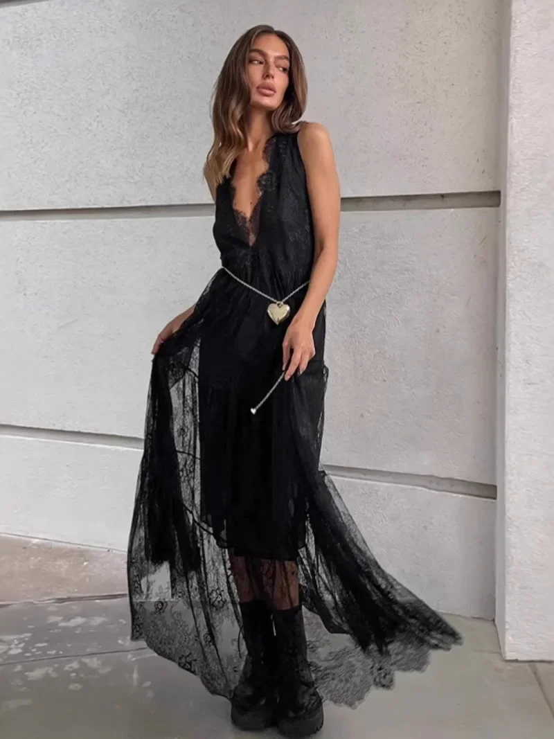 Casual Sexy Lace Patchwork Long Maxi Tank Dresses for Women Deep V-neck  Sleeveless Backless See-through Party Dress Black White - AliExpress  200000345