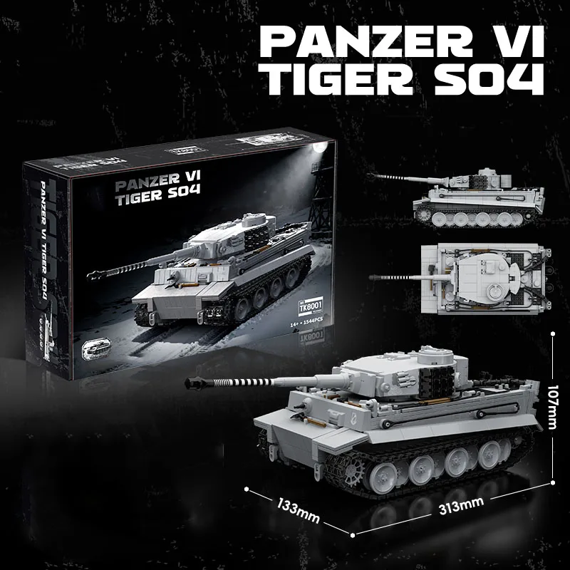 Snow-Covered WWII Tiger Heavy Tank Building Block Set - Black Tracked Armored Vehicle Toy
