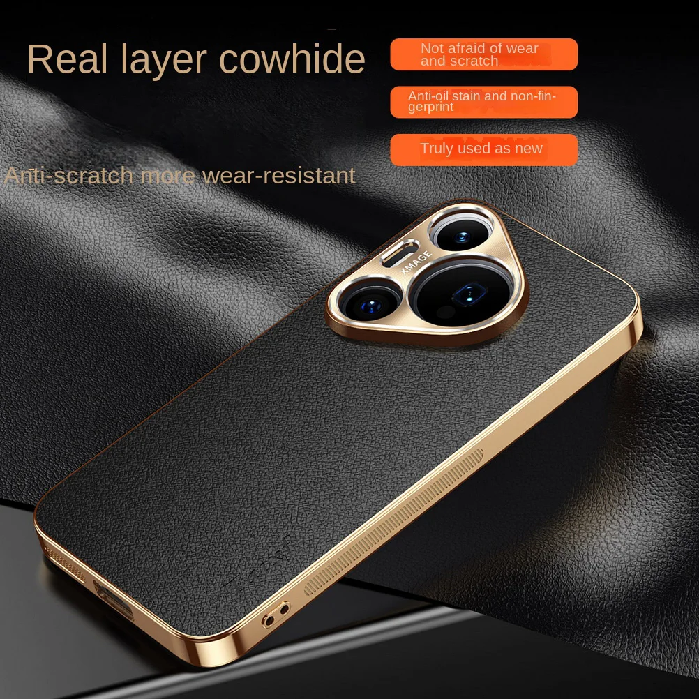Cowhide Lychee Texture Electroplated Frame Phone Case