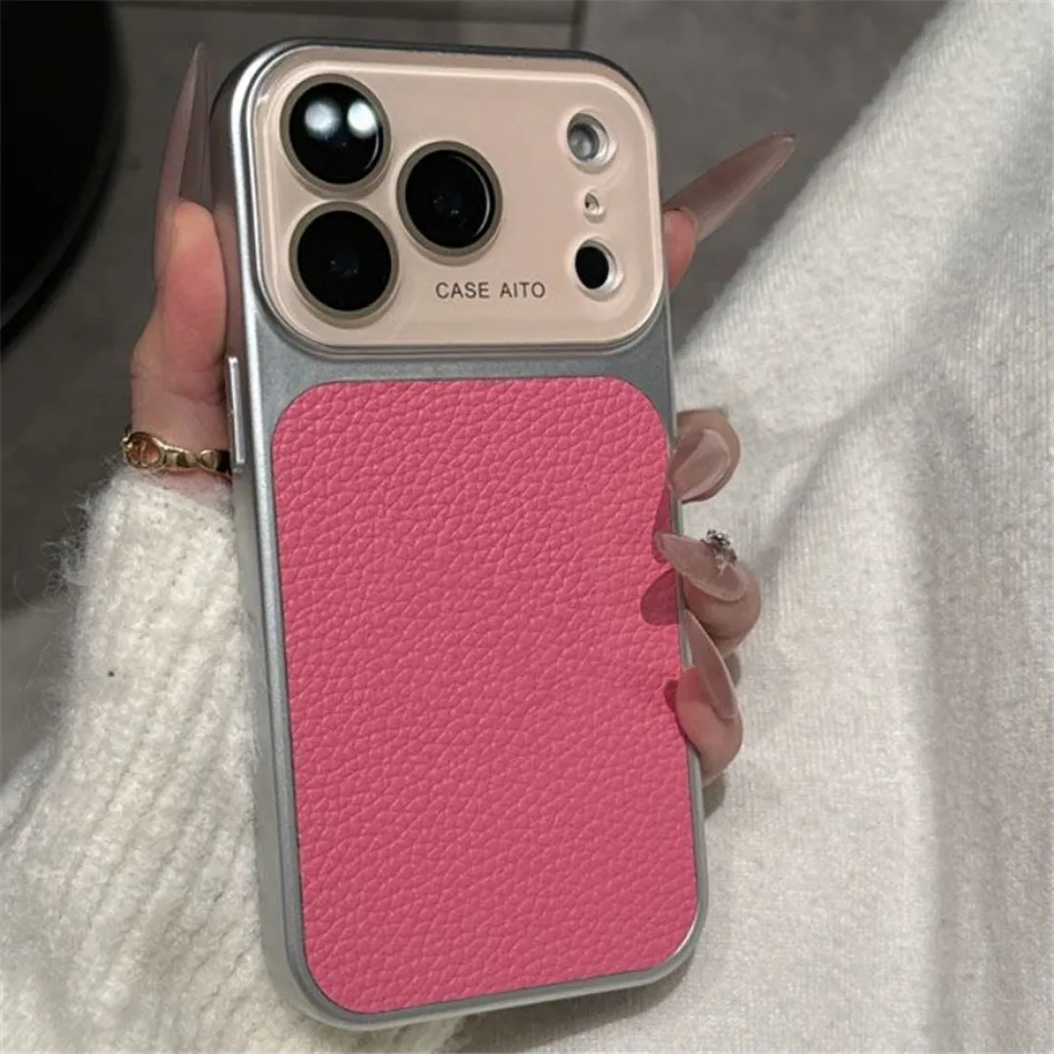 Deluxe Lychee Leather Textured Phone Case with Lens Protection and Shockproof Bumper