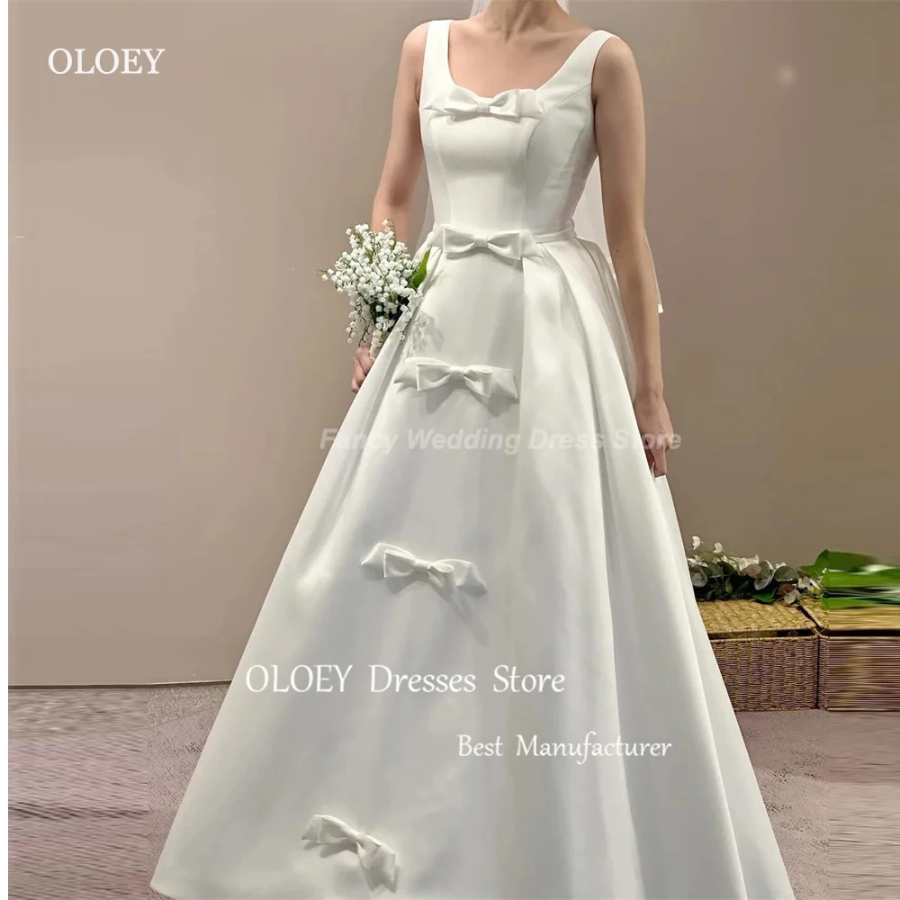 

OLOEY Simple Square Neck Wedding Dress Korea Photo Shoot A Line Sleeveless Bow Floor Length Bridal Gown Corset Back