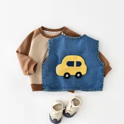 2024 Spring New Children Cartoon Car Denim Vest Boy Baby Print Cardigan Sleeveless Tops Voat Girl Infant Cotton Casual Waistcoat
