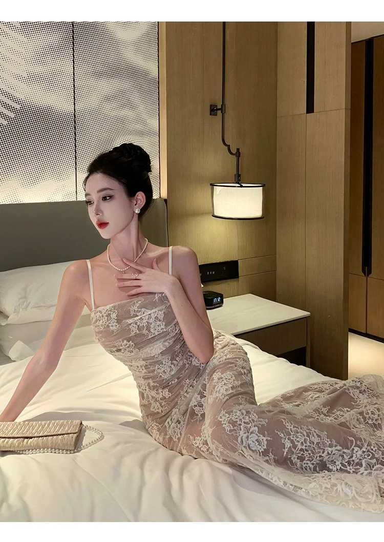 Sexy Bodycon Lace Long Dresses for Women Wedding Party Dress Spaghetti Strap with Smock French Vintage Evening Maxi Vestidos New