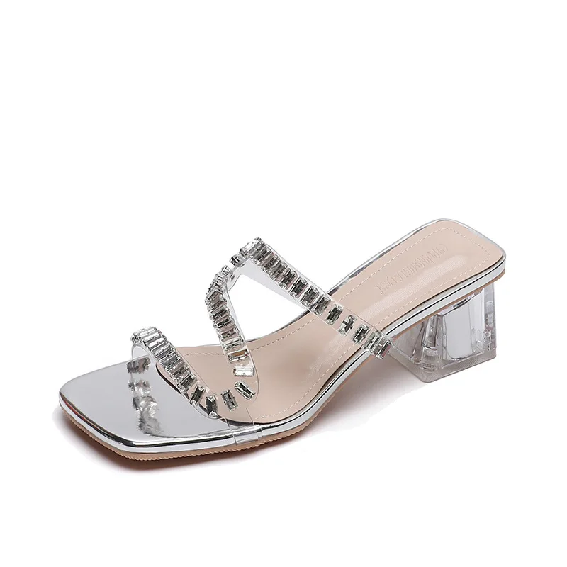 Clear PVC Band Slippers Woman Crystal Sandals Med-High Heels Slide Shoes Ladies Transaprent Heeled Sandalias Open Toe Flipflops