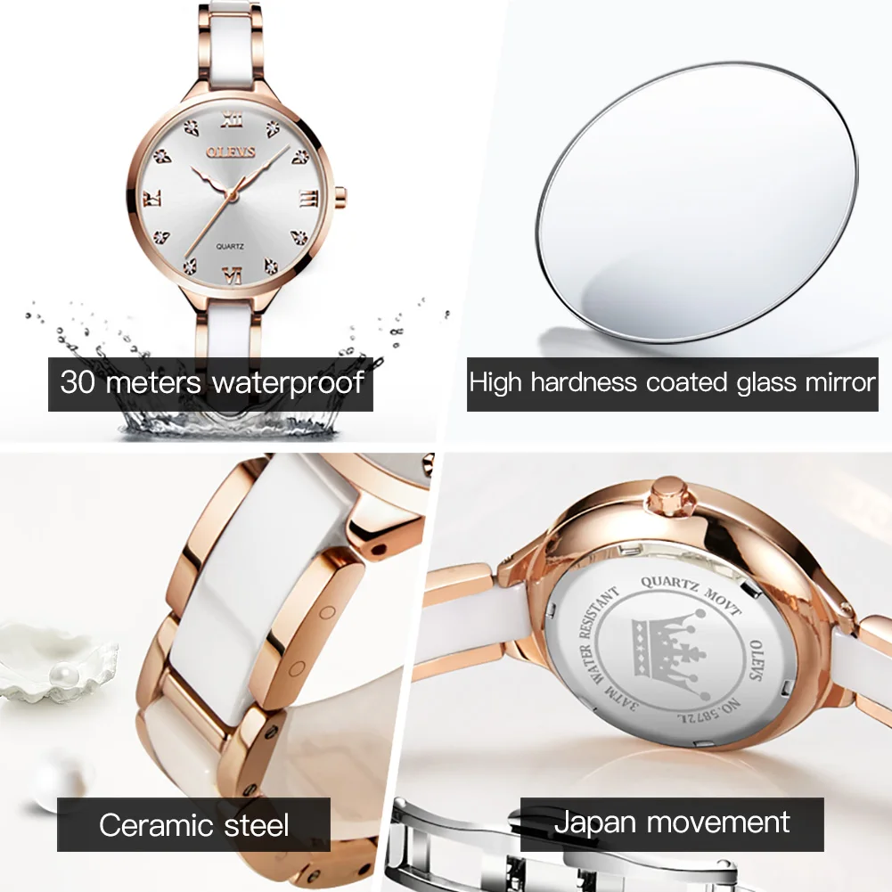 OLEVS 5872 Elegant Women Watches Luxury Stainless Steel White Ceramics Strap Waterproof Fashion Ladies Quartz Wristwatches Clock