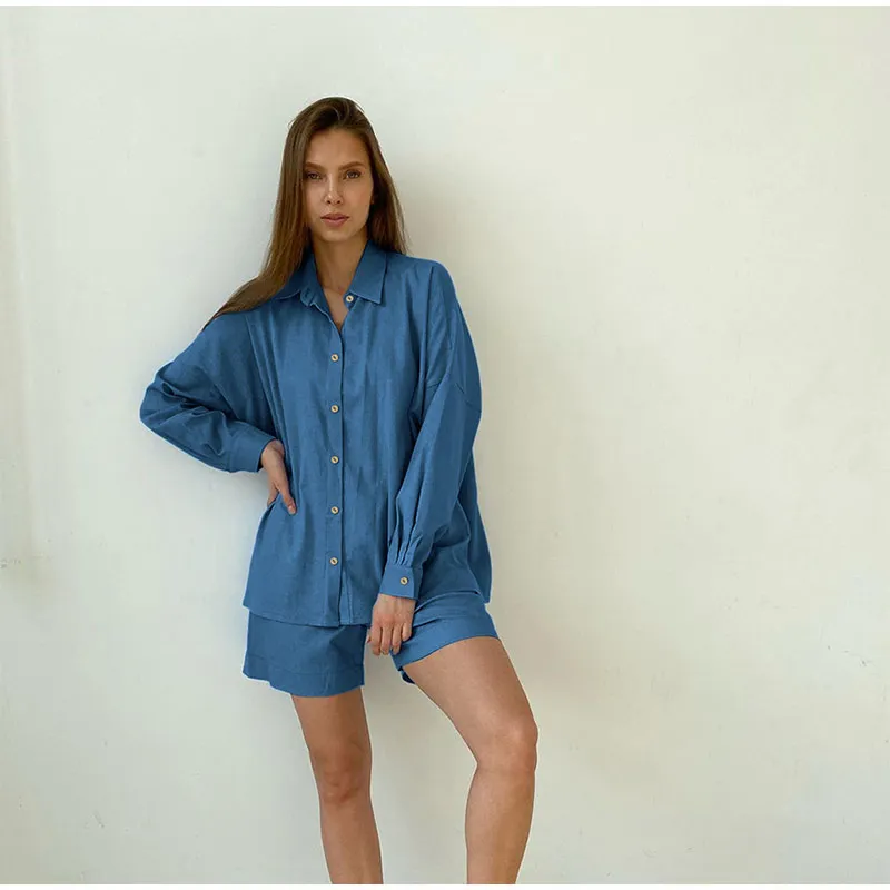 Cotton Linen Shorts Set  Women’s Solid Home Wear Lady Elegant Buttons Shirt Shorts Two Piece Women Fashion Casual Shorts Shirts Suits for Woman in Blue