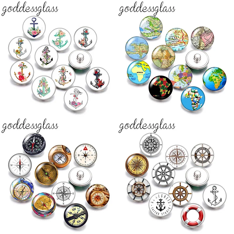 

New navigation anchor compass map rudder 10pcs mix Round photo 18mm/12mm snap buttons for 18mm/12mm snap jewelry DIY findings