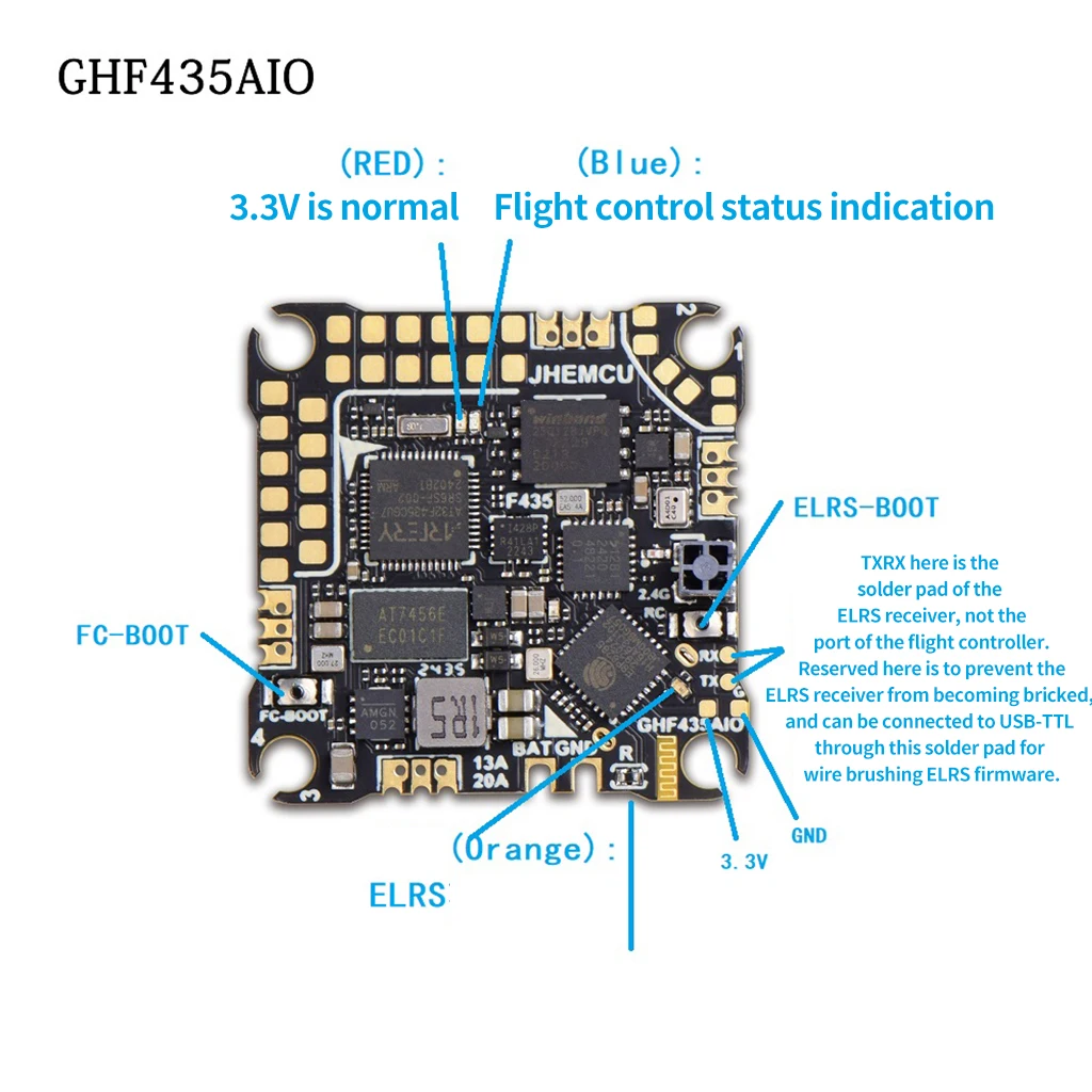 JHEMCU GHF435AIO V2 / GHF435AIO mit 20A ESC (AM32) 2-4S OSD Baro Blackbox 16 MB GPS integrierte ELRS 2,4G CRSF für RC FPV Drohne – Detail 11