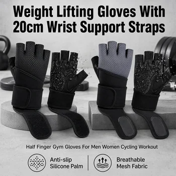 Weight Lifting Gym Gloves with Wrist Straps, Anti-Slip Half Finger Workout Gloves, Breathable Palm Protection Anti-Cocoon Grips