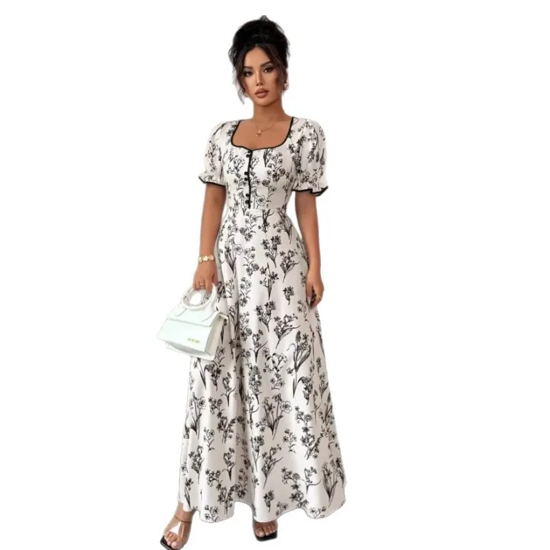 Elegante Abito Lungo da Sera con Stampa Floreale per Donna, Nuovo Stile Francese 2026, Maniche Corte a Sbuffo, Bordo con Volant, Vita Sottile - immagine 6