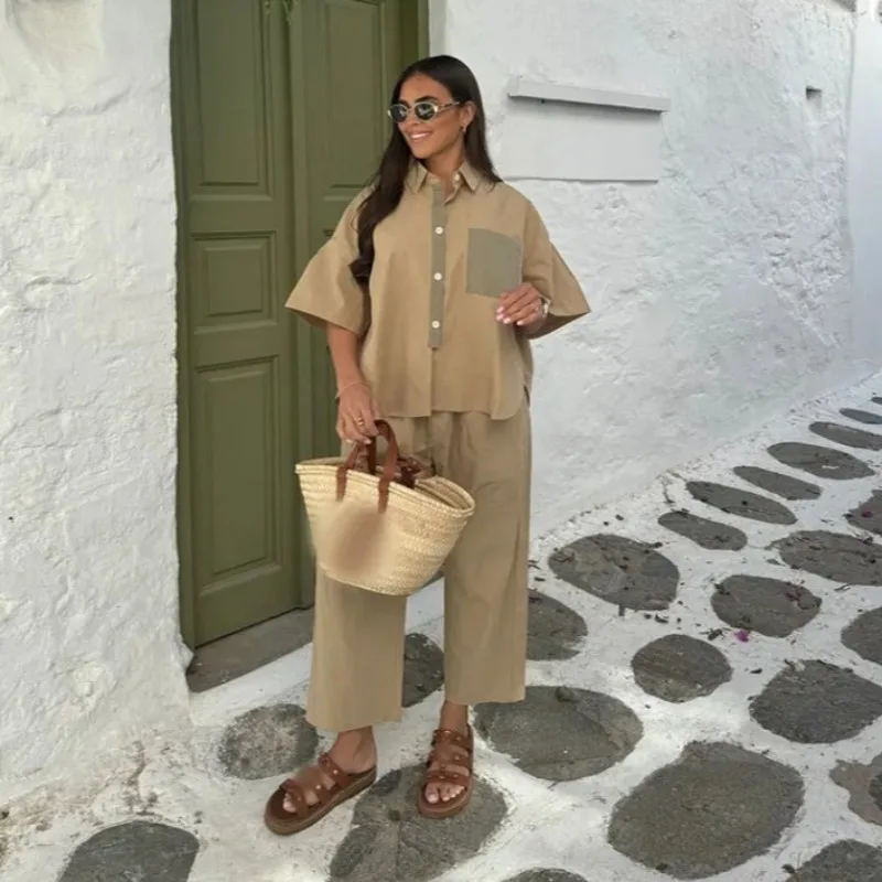 Women's Suit INS Colorblocking Loose Casual Printed Short Sleeve Single Breasted Tops Pants Elastic Waist Suits Womenswear Trend
