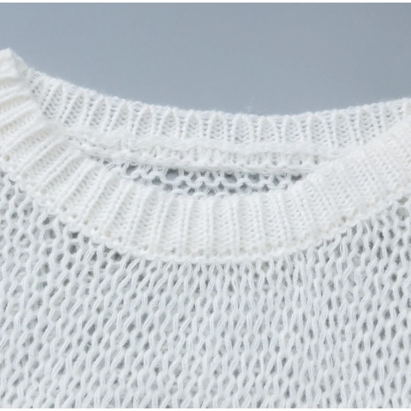 Casual Knitted Hollow Out O-neck Sweaters Women Loose Solid Long Sleeve Pullover Sweater Female Autumn Chic Elegant Street Tops