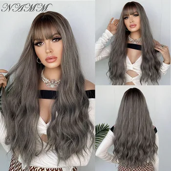 NAMM White/Pink/Blonde/Ombre Brown to Gray Color Long Wavy Synthetic Wigs for Women Cosplay Hair Heat Resistant Wig with Bangs 1
