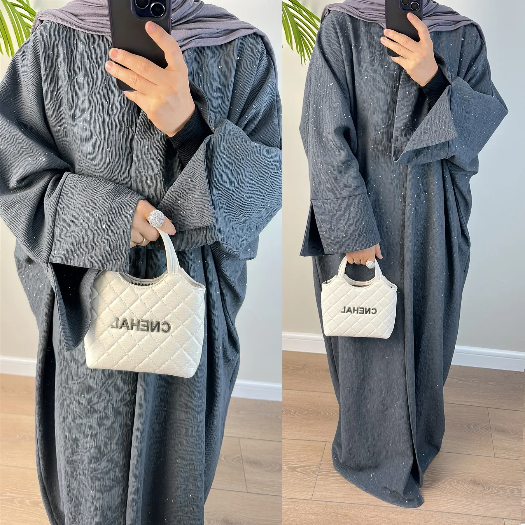 Winter Open Abaya for Women Kimono Muslim Abayas with Shining Powder Dubai Autumn Kebaya Modest Islam Outfit Kaftan Hijab Dress