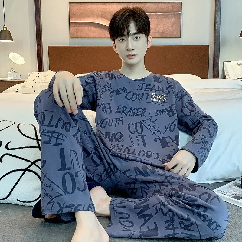 Men's Pajamas New Style Cotton Long-sleeved Waffle Pajama Sets for Men Can Wear Outside in Spring and Autumn