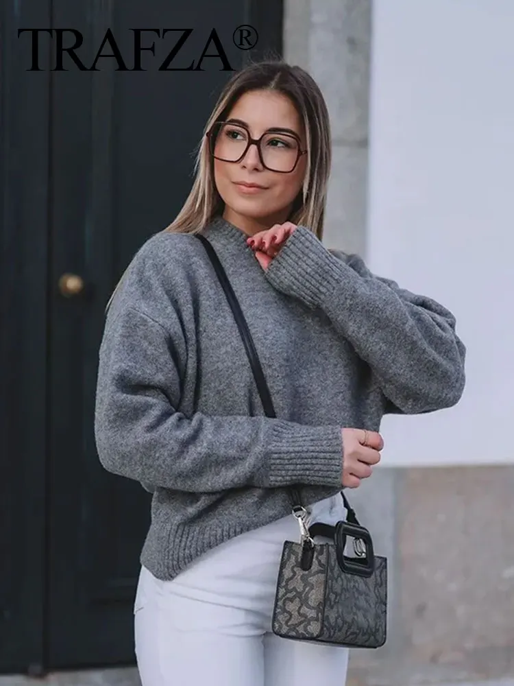 HH Autumn Winter Women Gray Pullover Sweaters Female Long Sleeve Loose Knit Jumper O-Neck Knitted Oversized Outerwear