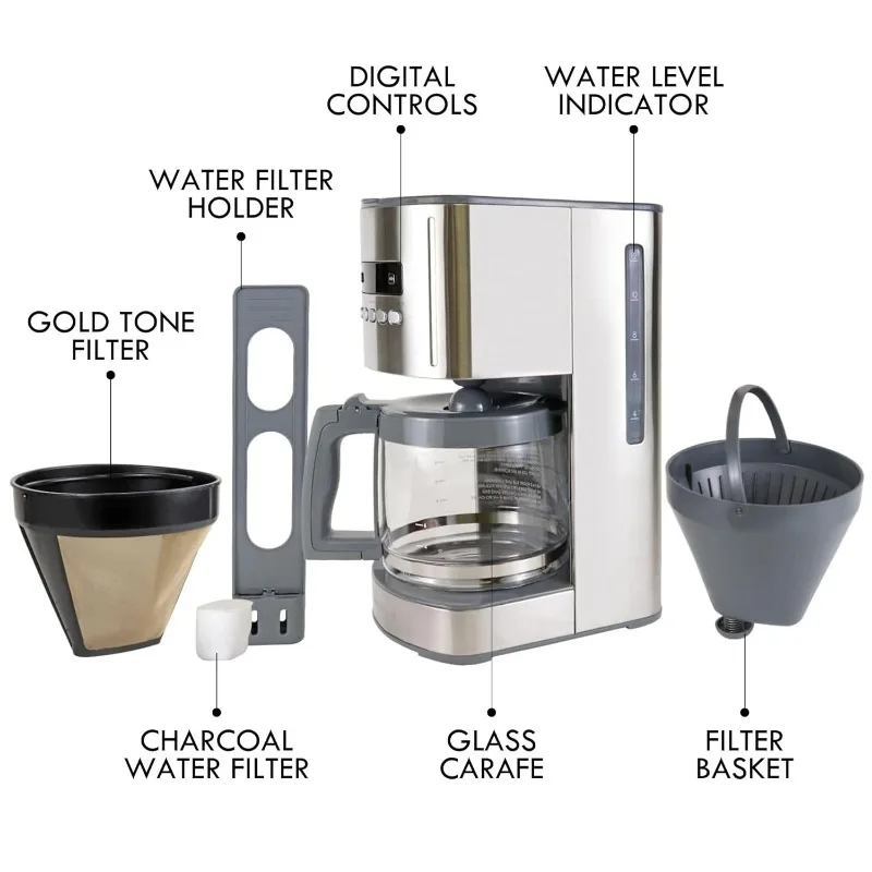 12 cup Drip Coffee Machine Reusable Filter Programmable Timer Digital Display Charcoal Water Filter Regular Bold Stainless Steel 6