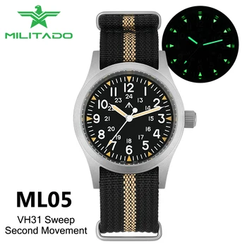Militado ML05 Field Watch 38mm VH31 Sweep Quartz Movement Sapphire Crystal 100M Water Resistant Screw-Down Crown Men's Watches 1