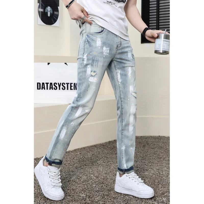 

2024new fashion spray paint splash-ink design jeans men's ripped men's stretch comfortable slim fit skinny high-end trousers