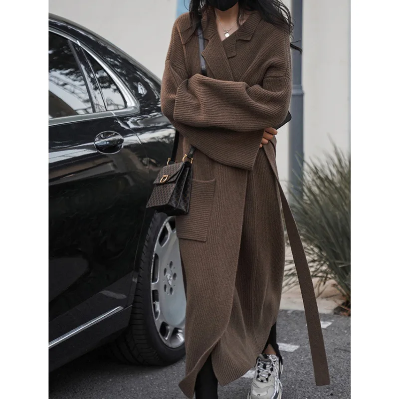 

2023 Autumn and Winter New Lazy Style Long Knitted Sweater Slim Cardigan Windbreaker Lace Up Fashion Warm Coat