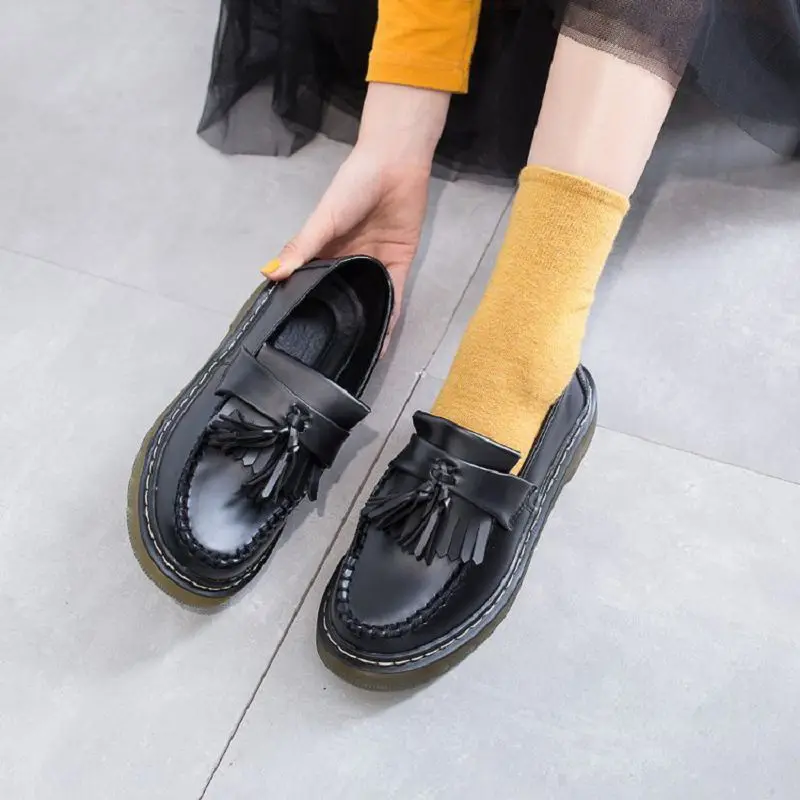 Women Tassel Loafer Brown Black Rubber Sole Flats College Style Shoes HY1