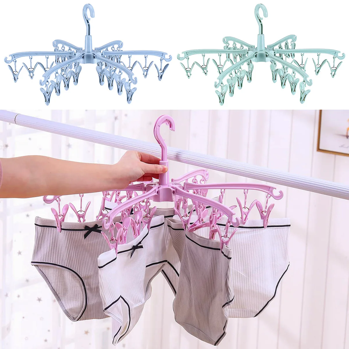 Description Picture 3 of item24 Clips Folding Clothes Dryer Rotatable Hanger Windproof Socks Underwear Drying Rack Home Storage Laundry Rack New Dropshipping
