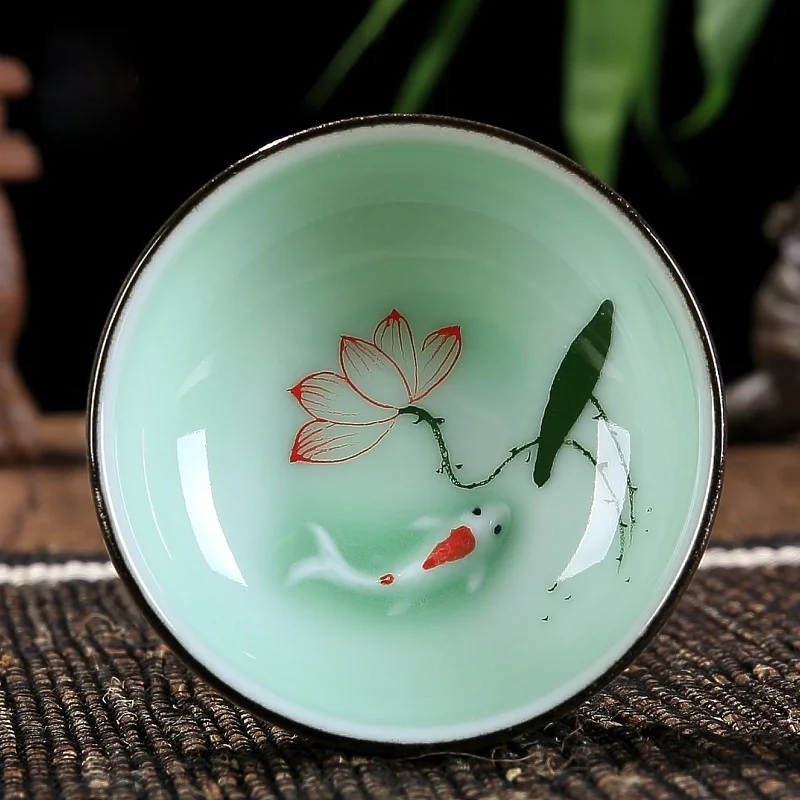 60ml Celadon Chinese Kung Fu Tea Set Round Flat Lotus Carp Pu'er Tea Cups Hand-painted Ceramic Single Carp Teacup tea cup