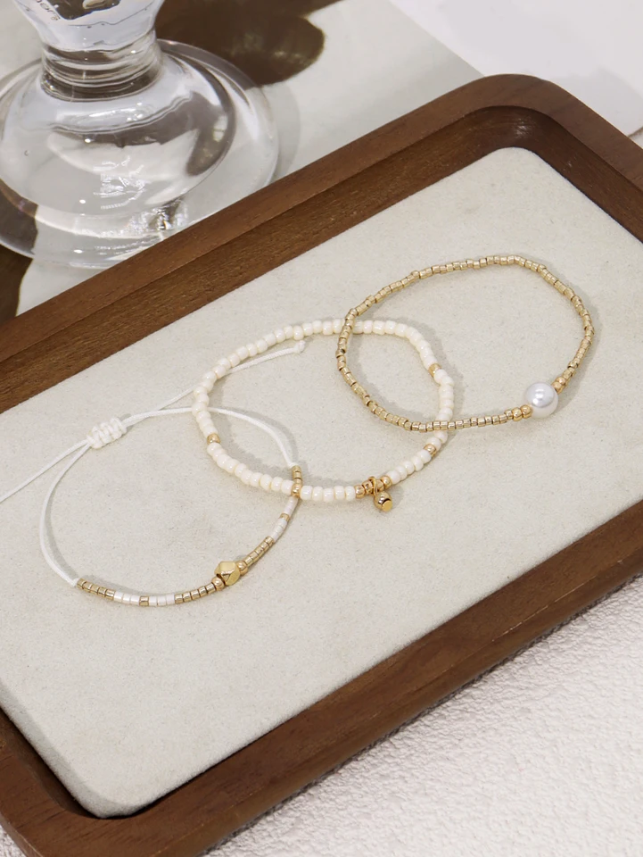 Set 3 Braccialetti Donna Elasticizzati A Cuore Oro - Bohémien Con Perline, Impilabili, Ipoallergenici, Regalo San Valentino