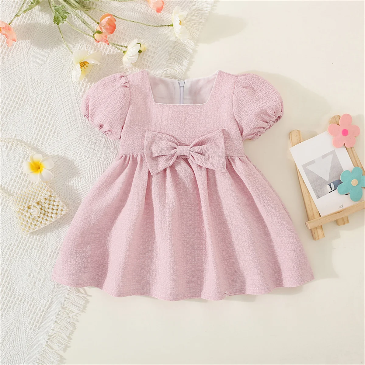 Summer Baby Girl'S Dress Solid Color Round Neck Bow For Ladies Daily Wear Knee Length