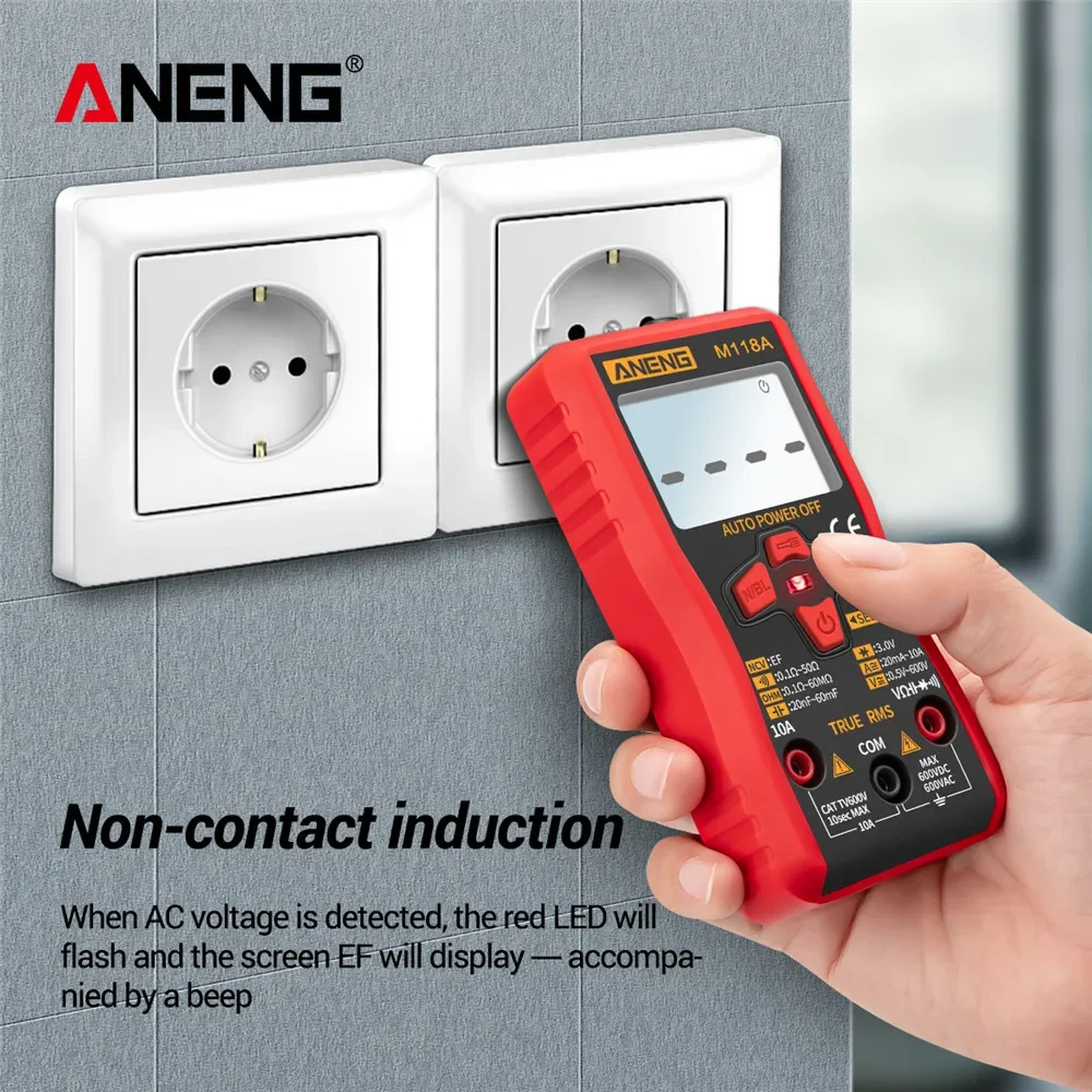 디지털 미니 멀티미터 테스터 자동 멀티미터 ANENG M118A 트루 RMS 트랜지스터 미터 NCV 데이터 홀드 6000카운트 플래시라이트 포함