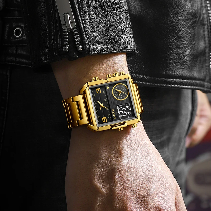 Luxury Gold Steel Sports Square Digital Analog Men's Quartz Watch