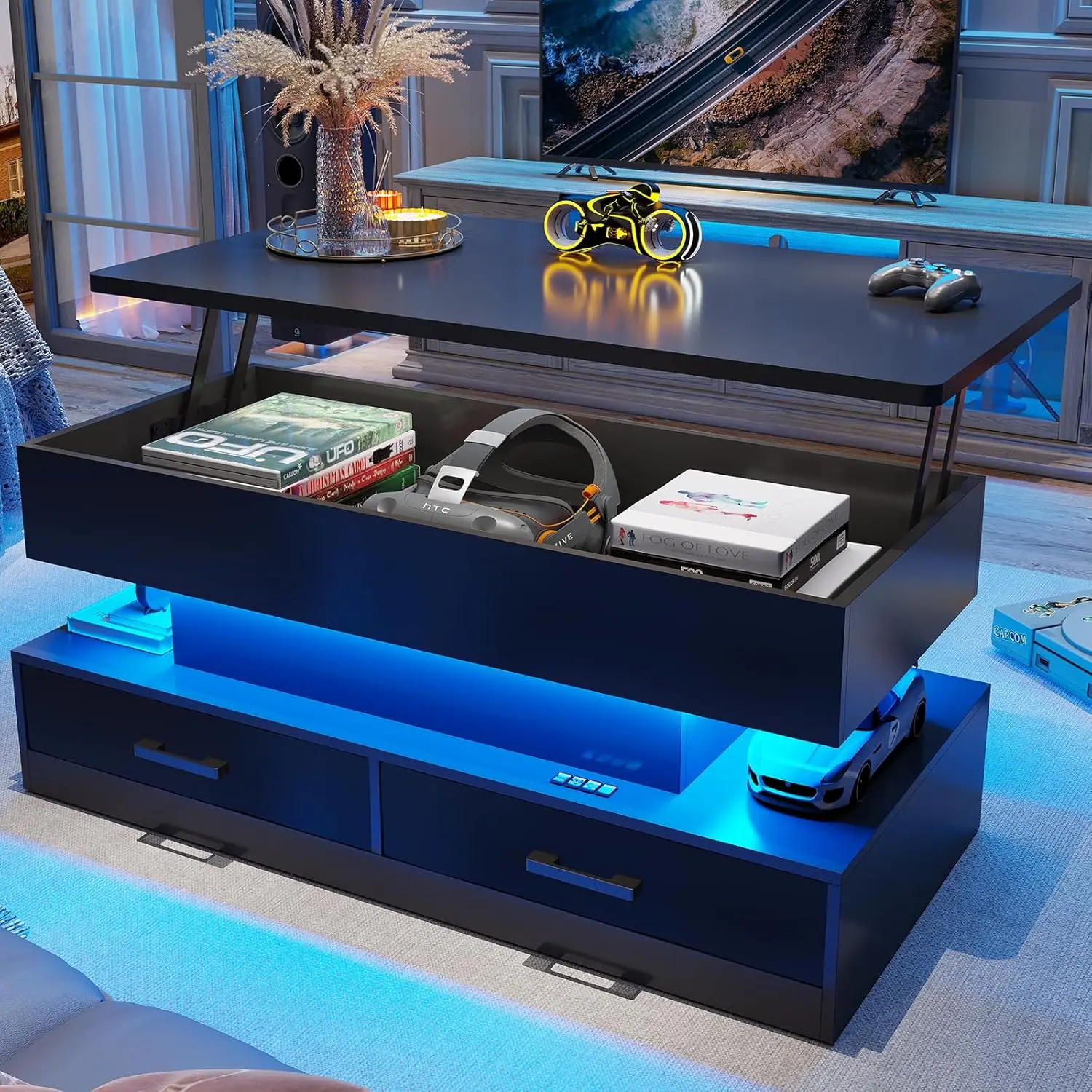 40" Lift Top Coffee Table, Coffee Tables with Storage for Living Room, Small Coffee Table with 2 Drawers & LED Light 3
