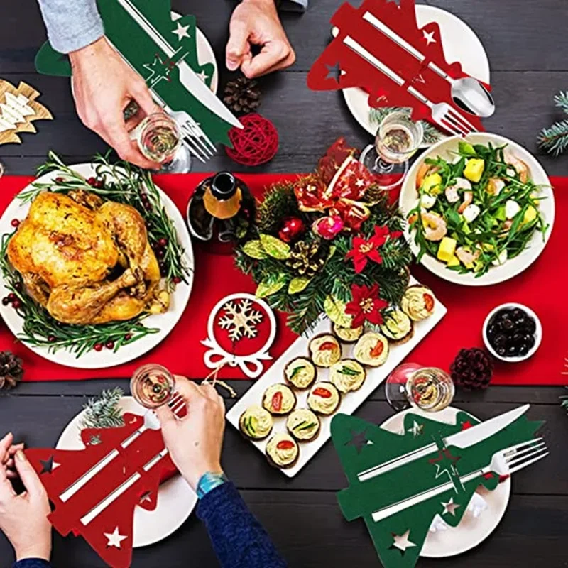 Charming Christmas Tree Cutlery Holder 12pcs With Festive Felt Utensil Pouch For Holiday Dinner Parties