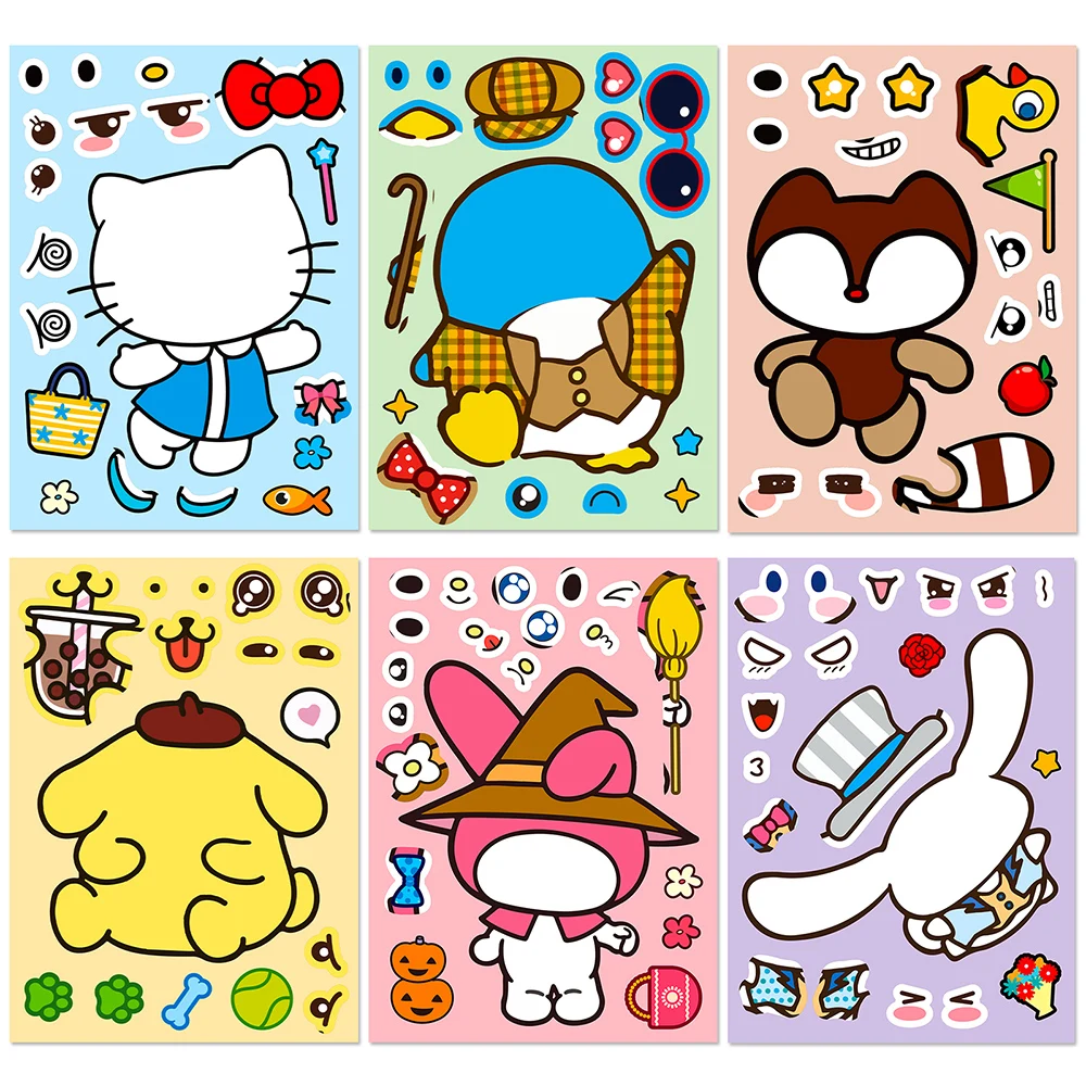 6/12Sheets Cute Sanrio Anime Puzzle Stickers Hello Kitty Pompompur Cartoon Decal Funny Make-a-Face Assemble Jigsaw Children Gift skuggnas new arrival animals make me happy people not so much sweatshirt teen gift funny cool jumper tumblr graphic sweatshirt