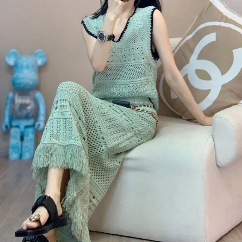 

Vintage Sexy Two Piece Skirt Sets Woman New Sleeveless Knitted Tops Tassels Bodycon Skirt Party Dresses Y2k Korean Fashion