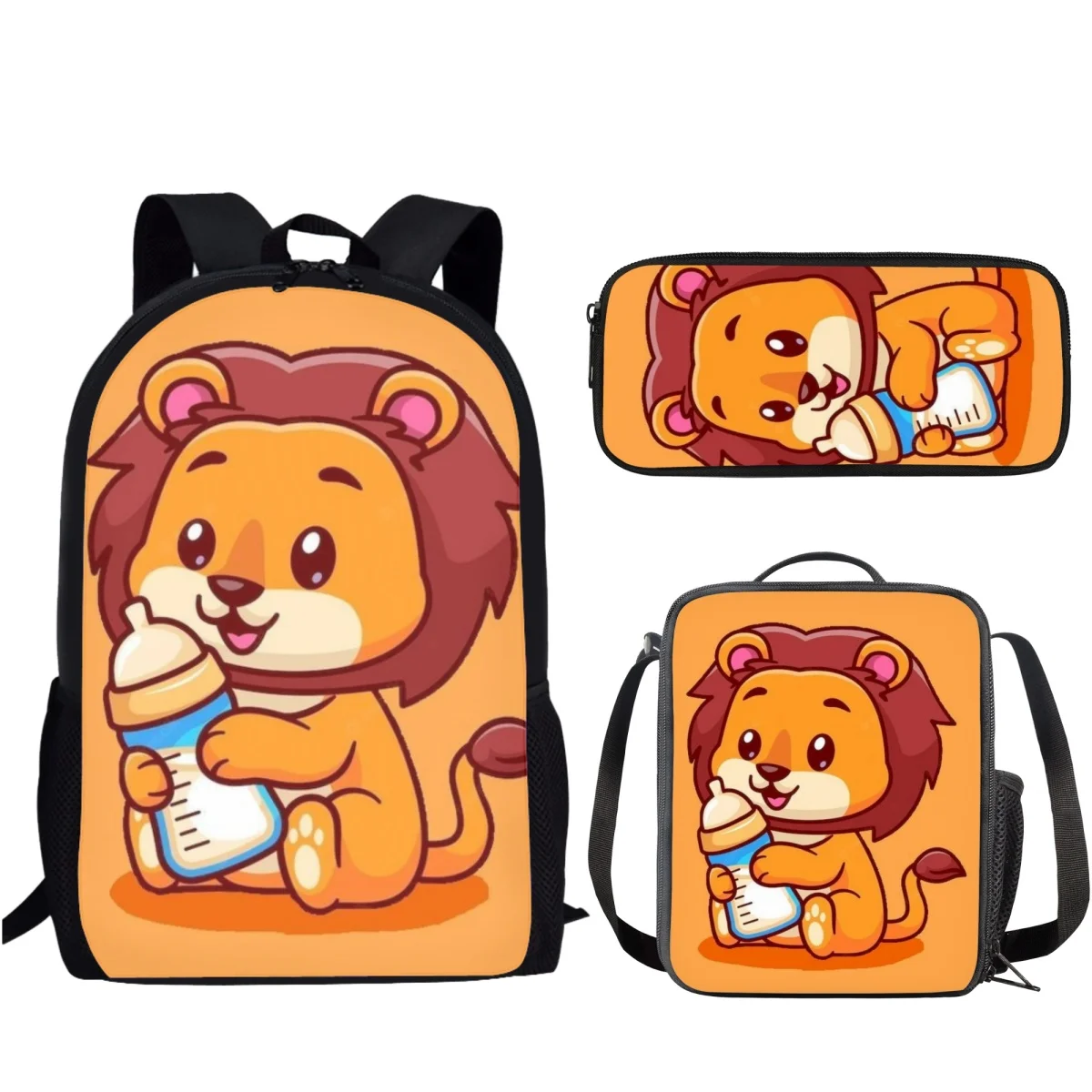 

Teenagers 3Pcs Cartoon Funny Lion School Bags Set Teenager Student Backpack 3D Printed Kids Lunch/Pencil Case/Book Bag Mochila